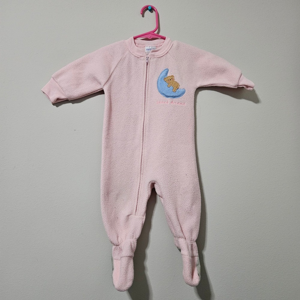 Vintage Carters Pink Fleece Footed Sleeper Sweet Dreams Teddy Bear Moon Pajamas